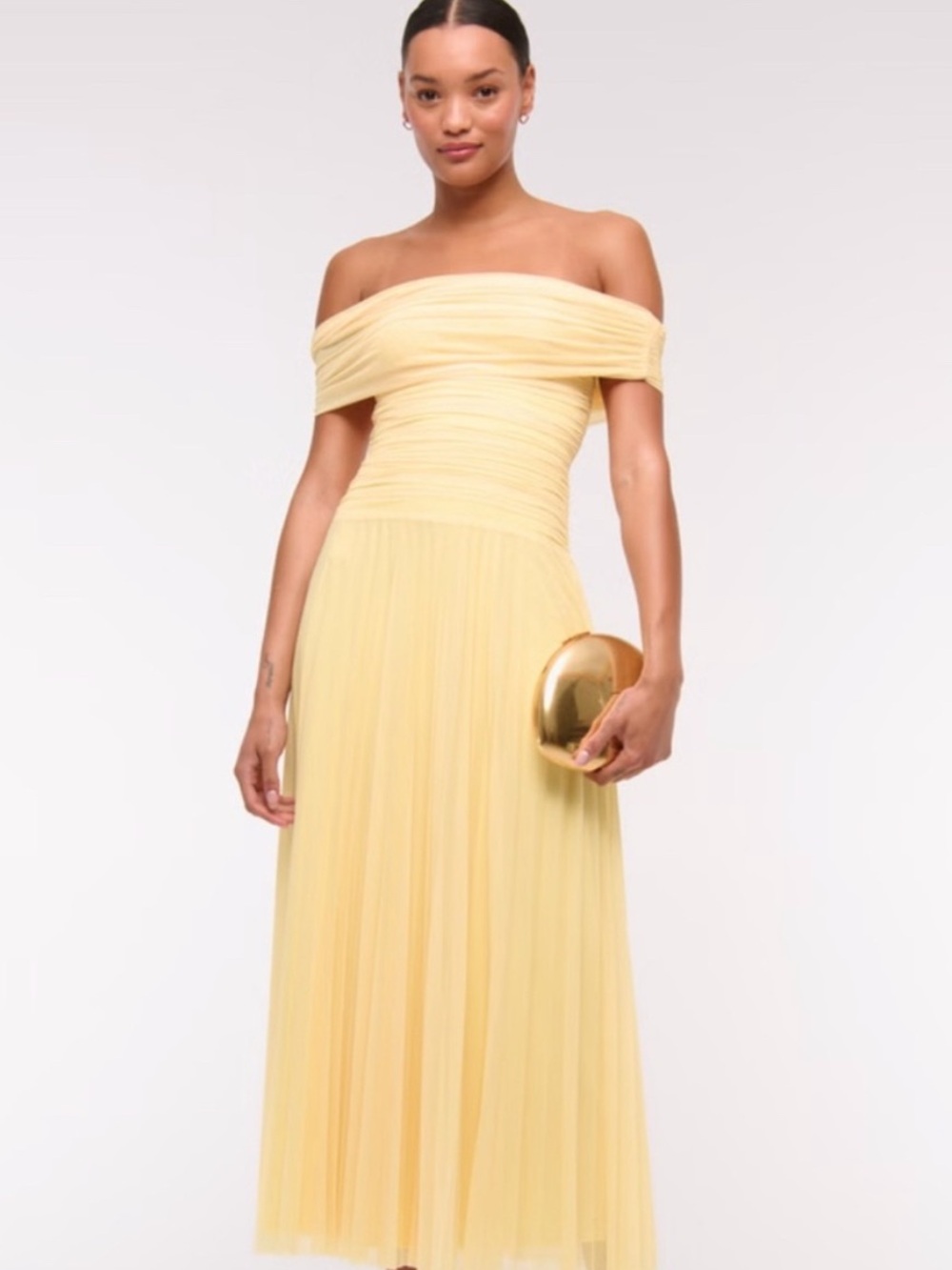 Off-Shoulder Yellow Tulle Midi Dress